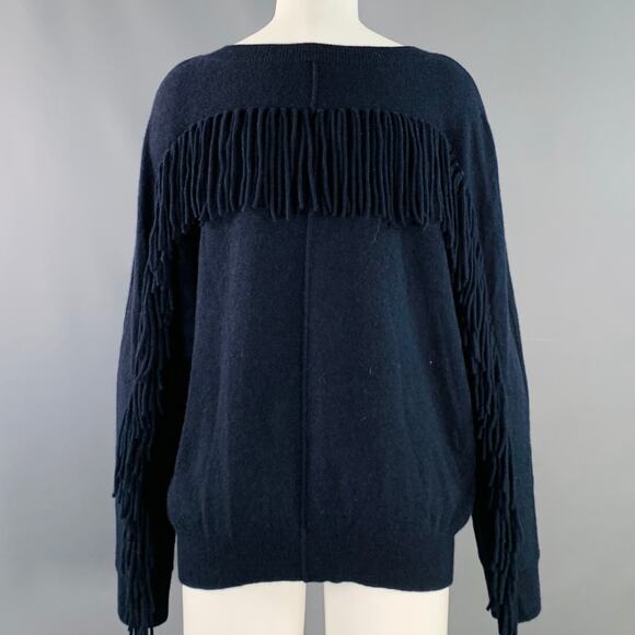 MINNIE ROSE Size M Navy Cashmere Fringe Crew Neck Pullover - Picture 3 of 6